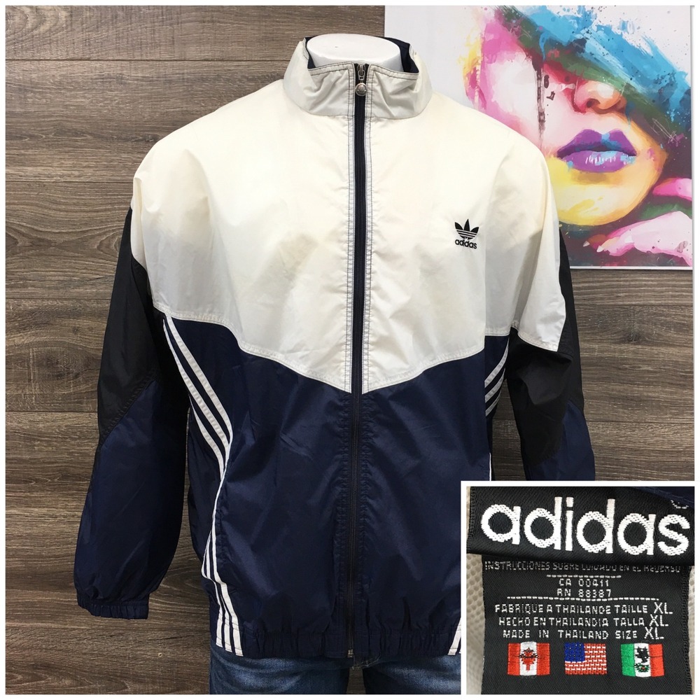 Vintage Adidas Trefoil Windbreaker Jacket Mens XL Navy White Colorblock Nylon